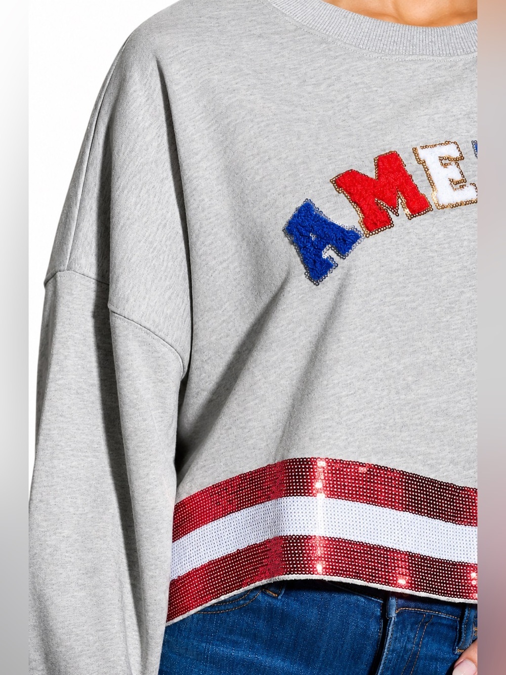 THE AMERICANA CREW LONG SLEEVE SEQUIN CROP PULLOVER SWEATER Multiple Size - Picture 6 of 8